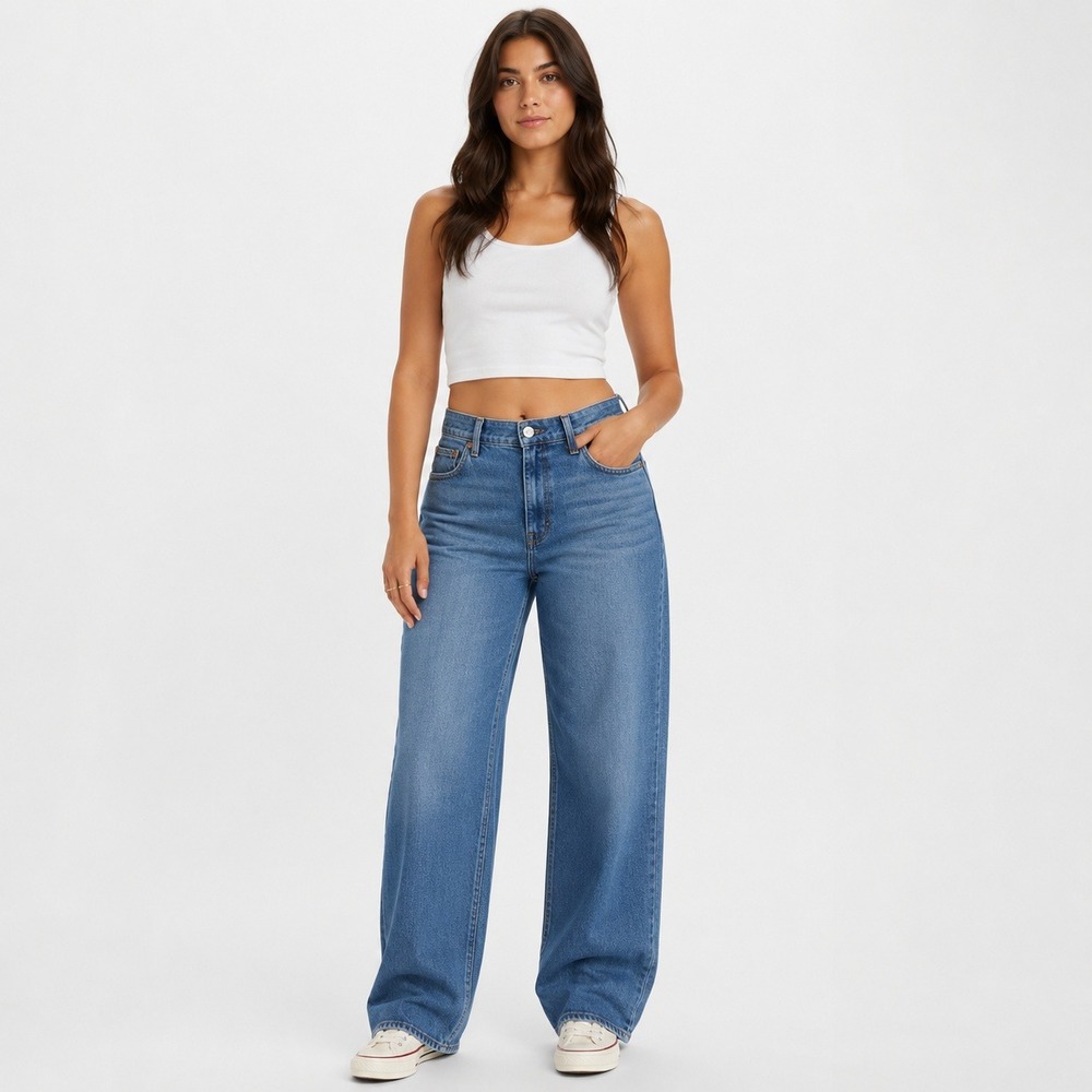 American Eagle Wide Leg Jeans Womens 6 Medium Wash High Rise Stretch 70s Modern